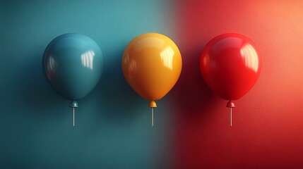 Obraz premium Three colorful balloons on a blue and red background, symbolizing celebration or choice. Ideal for celebratory events, marketing, or presentations