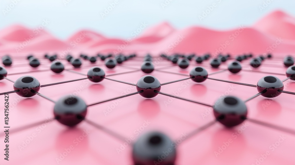 Poster abstract network connection black spheres linked on pink surface a 3d of a complex network