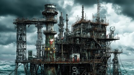 A derelict oil rig standing in a turbulent and stormy ocean