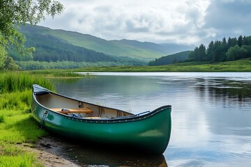 Obraz premium A green canoe rests on the sandy shore of a tranquil lake, surrounded by lush greenery.