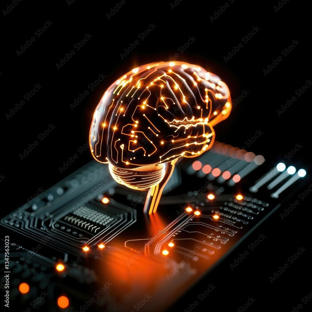 Poster illuminated digital brain model above circuit board representing ai neural network technology