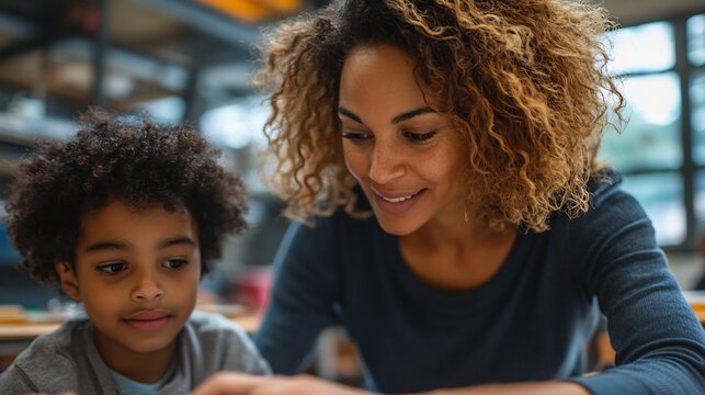 Teacher helping student classroom setting patient expression warm lighting educational environment