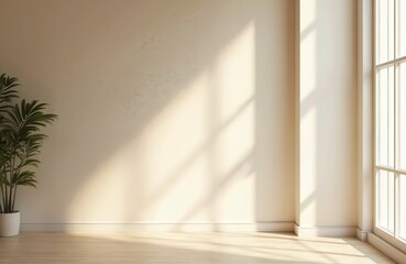 Fototapeta premium Interior with beige wall, window light, leaf shadows. Minimalist modern design, studio backdrop, space for product display. Empty room with wooden floor, natural light, presentation background.