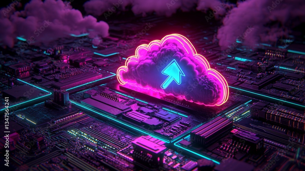 Poster a pink and blue neon light cloud serves as the icon for a data storage technology symbol, which is s