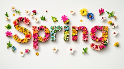 Spring floral typography with colorful flowers forming decorative text on white background