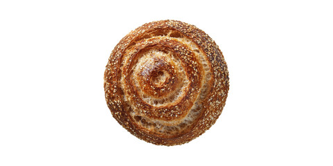 Fototapeta premium Round Artisan Bread With Sesame Seeds. Freshly Baked Rustic Loaf For Culinary And Baking Concepts Isolated On Transparent Background