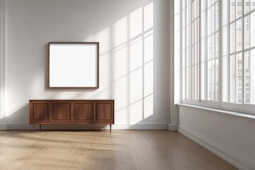Modern empty room with wooden furniture and large windows