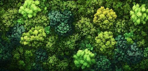 Naklejka premium Serene green forest with sunlight illuminating trees and leaves