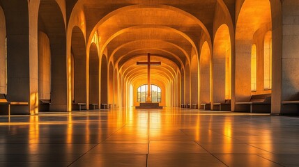 A Romanesque-style church with massive arches and an elaborate cross centerpiece, illuminated by a soft sunset