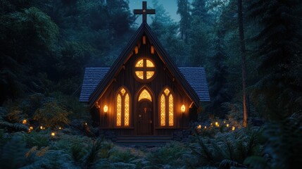 A sacred chapel deep in the forest, its wooden facade adorned with a handcrafted cross