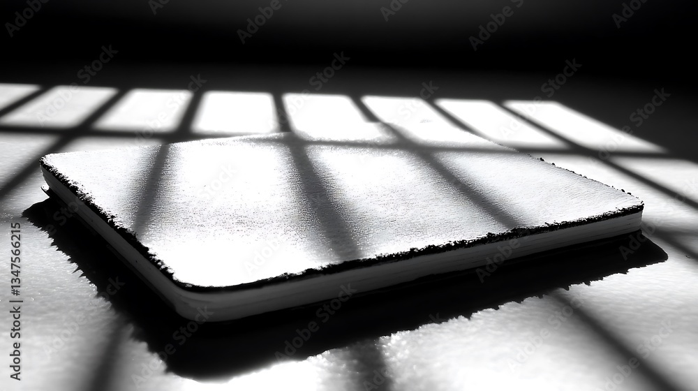 Poster monochromatic composition of a textured notepad beneath linear window light