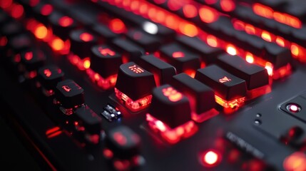 Close-up of backlit red gaming keyboard.