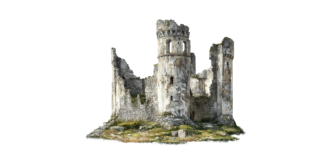 Ancient Stone Castle Ruins. Historical Architecture And Medieval Heritage Isolated On Transparent Background