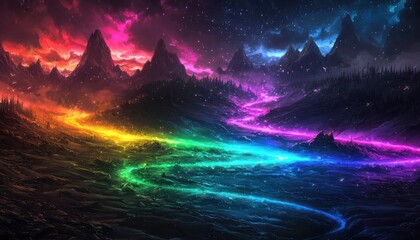 Neon rainbow colors weaving through a dark landscape