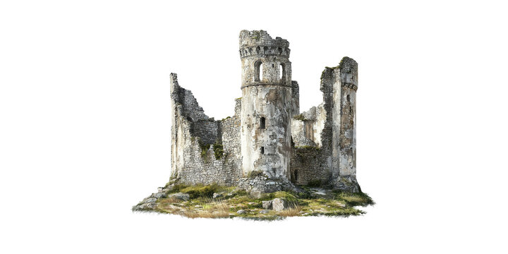 Ancient Stone Castle Ruins. Historical Architecture And Medieval Heritage Isolated On Transparent Background