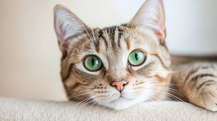 National Pet Day, Adorable Tabby Cat with Vibrant Green Eyes Resting on Soft Beige Surface