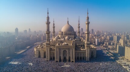 Obraz premium An aerial view of a large congregation at a mosque during Eid, thousands gathered in devotion.