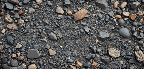 Street surface with uneven gravel texture and rock debris