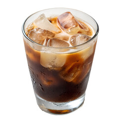 Ice cubes splashing into a glass of cola, creating a dynamic brown liquid splash against white background. PNG image.