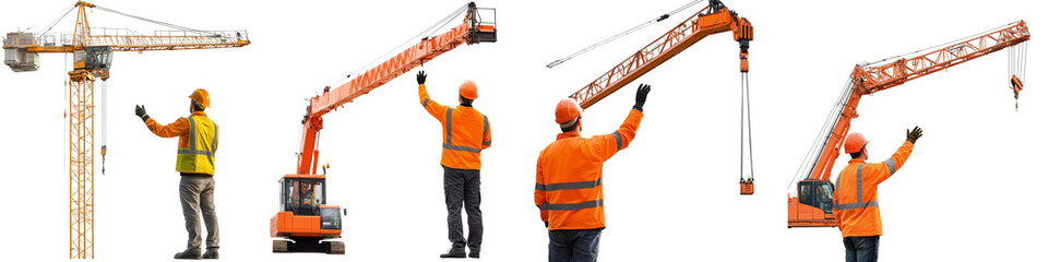 set of Construction worker and crane operator, safe construction work with hand signals, construction worker's signal to crane speed, on a transparent backgrounds