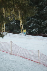 Skiing adventure unfolds in a snowy landscape under tall trees with a bright yellow figure...