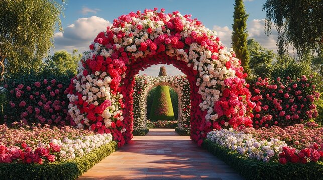 Rose archway garden path, sunny day, romantic setting, wedding backdrop - Powered by Adobe