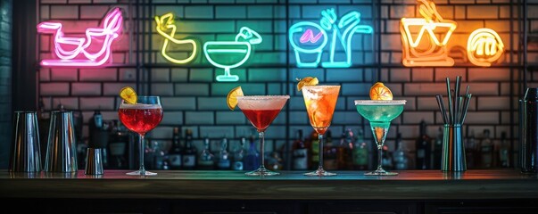 Neon signage classic cocktails in a bar