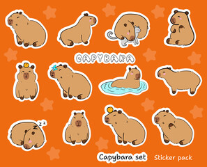 Cute cartoon kawaii Capybara set of stickers on bright background. Animal funny characters. Hand drawn style. Vector drawing. Collection of design elements. Sticker pack.