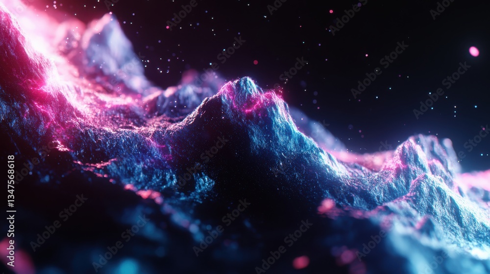 Wall mural abstract digital rendering of mountainous landscape in space