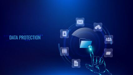 Digital hand touches file or document icon on blue digital interface, data protection, cybersecurity, online privacy. Secure information management, internet security in futuristic technology setting.