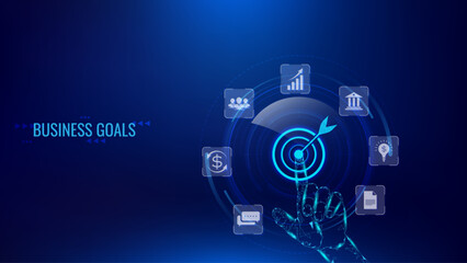 Digital hand touches target icon on blue futuristic background, symbolizing business goals, success, market trends in virtual interface. Represents technology-driven growth and strategic planning.