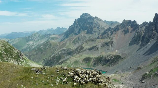 Flying over a flock of sheep grazing on the slopes of the Ka&ccedil;kar Mountains, the drone glides towards Ambar Lake, revealing this unique natural landscape.
