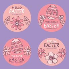 Icon set of Happy easter over colorful circles and purplebackground