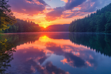 Sunset over woodland lake: golden hues reflecting on tranquil water, silhouettes of trees framing the horizon, serene and picturesque.
