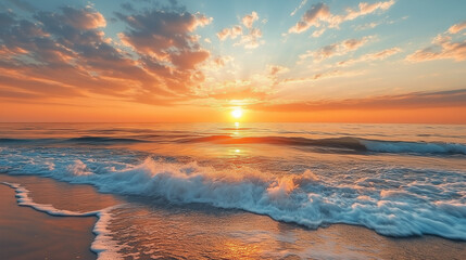 Fototapeta premium The horizon ignited with a symphony of colors as the sun ascended, painting the tranquil sea with hues of gold, orange, and pink.