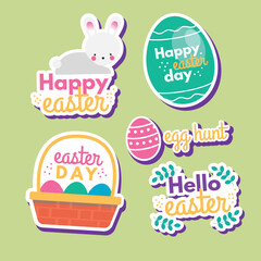 Cute Easter characters bunny eggs flowers and cactus in pot stickers