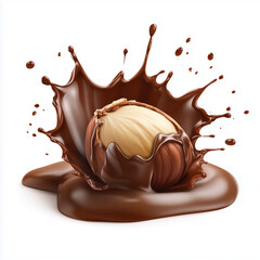 Delicious hazelnut surrounded by a flowing chocolate splash in 3D design.
