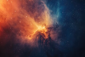 Obraz premium A vibrant nebula, swirling with orange and blue hues, speckled with distant stars, a cosmic masterpiece.