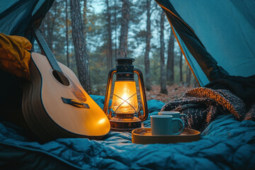 Tent with a guitar and coffee cup outdoors, against mountain backdrop under blue sky.