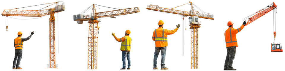 set of Construction worker coordinates instructions with hand gestures, construction worker shows the way to the crane operator, on a transparent backgrounds