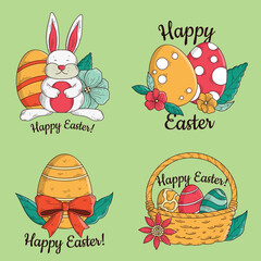 Easter bunny set graphic elements in flat design Bundle of cute white rabbits holding colorful eggs with different festive patterns sit in black hats or baskets Vector illustration isolated objects