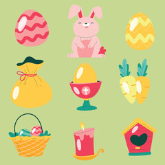 Easter elements set carrot and wooden basket bunny ears and colorful eggs symbols of traditional