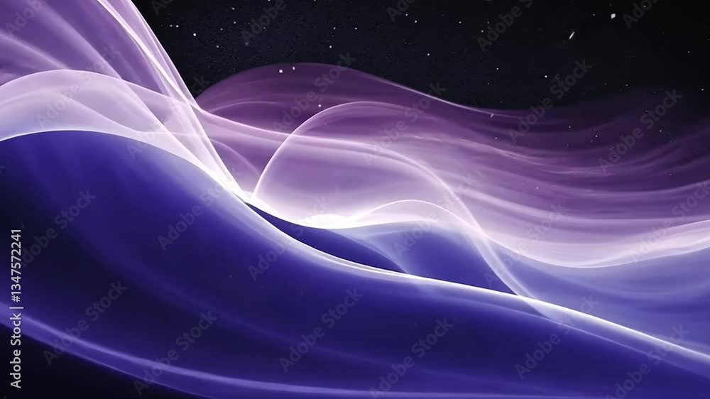 Poster purple nebula waves flow across dark space; starry backdrop; website design