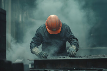 Worker equipped with safety gear in a dusty industrial environment, emphasizing safety and hard work