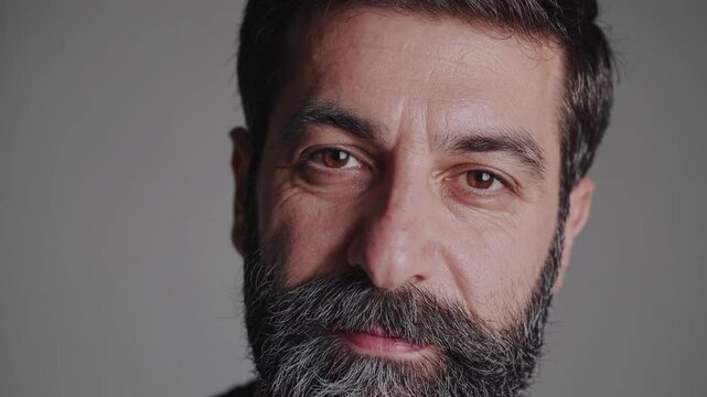 Mature male with beard revealing nuanced emotional shifts, maintaining steady gaze against soft grey studio setting, expressing inner contemplation and psychological complexity