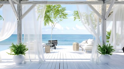 Obraz premium Contemporary beach house living space open air design relaxed coastal vibe airy curtains ocean view white background