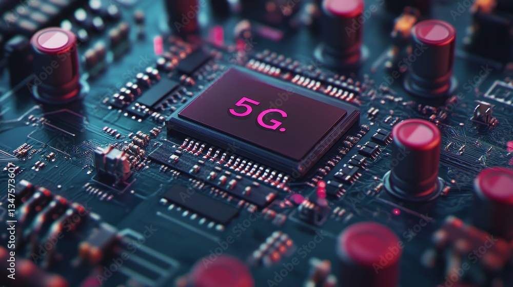Poster in a 3d render, a futuristic motherboard showcases an audio technology concept through a microchip a