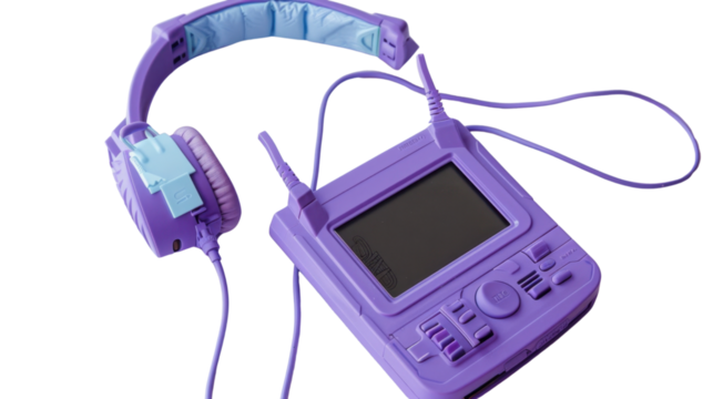 Purple portable cassette player and headphones isolated on transparent background