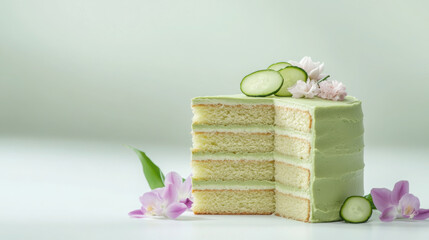 Elegant pickle flavored cake in bright studio setting with floral decor