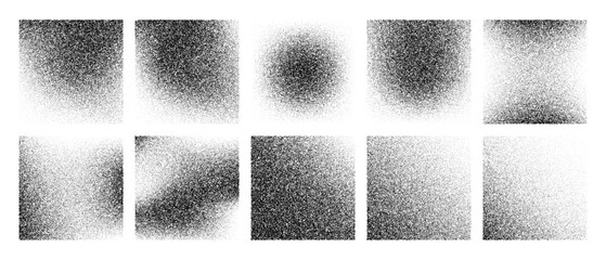 Grainy noise square vector set. Dot grain texture squares. Spray texture sand and dissolving squares. Abstract black square with gradient stipple pattern. Vector illustration